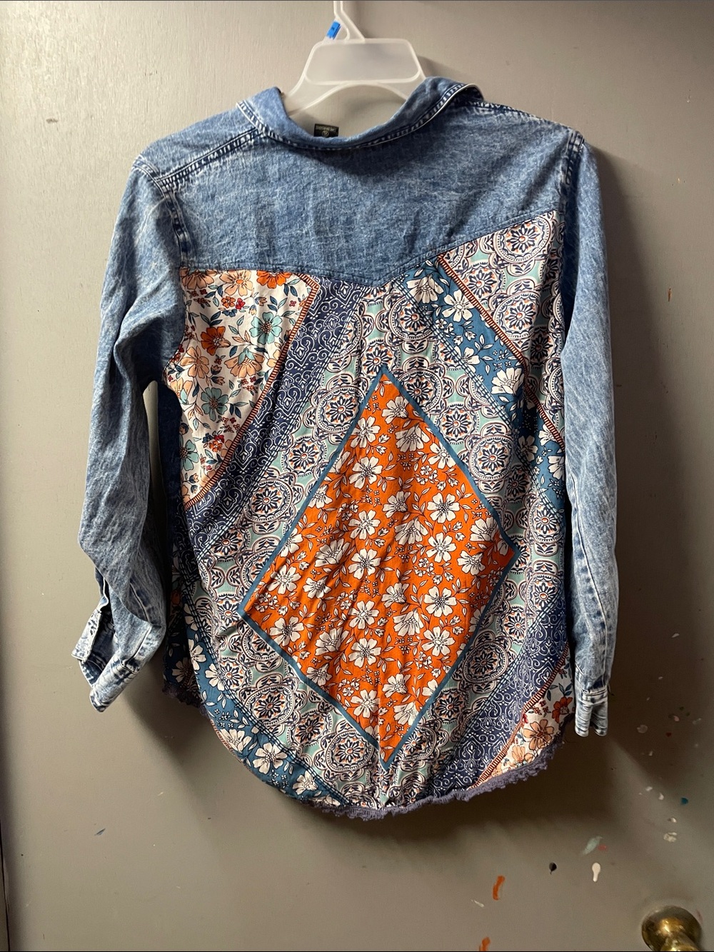 Embellished Light Blue Denim Button-Down Shirt patchwork, xl - Picture 5 of 7